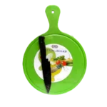 Tabla plástico para cortar 23cm diám + cuchillo en funda 21cm