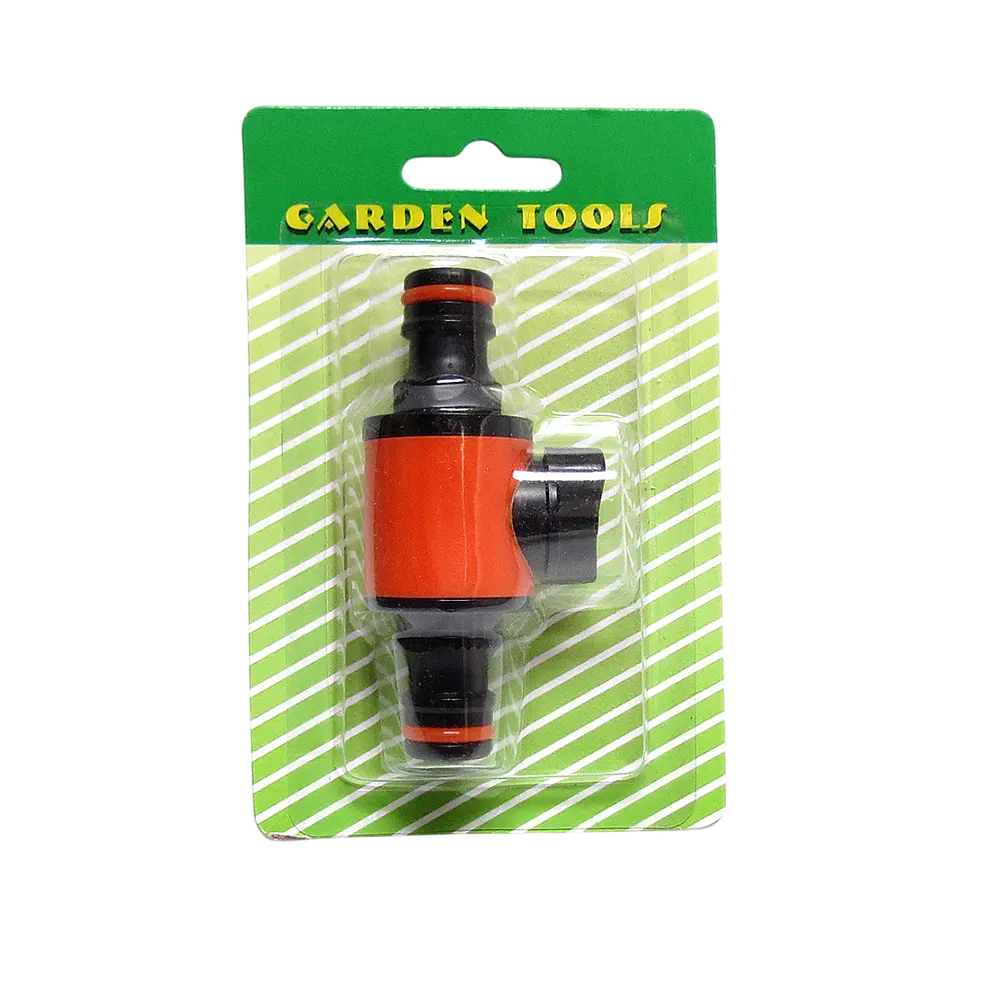 GR27906 (11) Conector doble con válvula de cierre para manguera jardín 5cm largo - Imagen 1